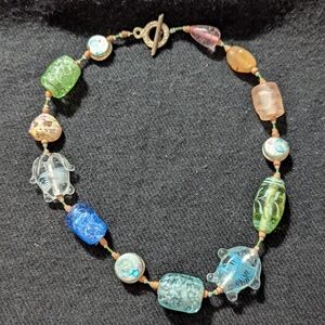 Silver Tone Pastel Chunky Glass Beaded Fish Statement Necklace